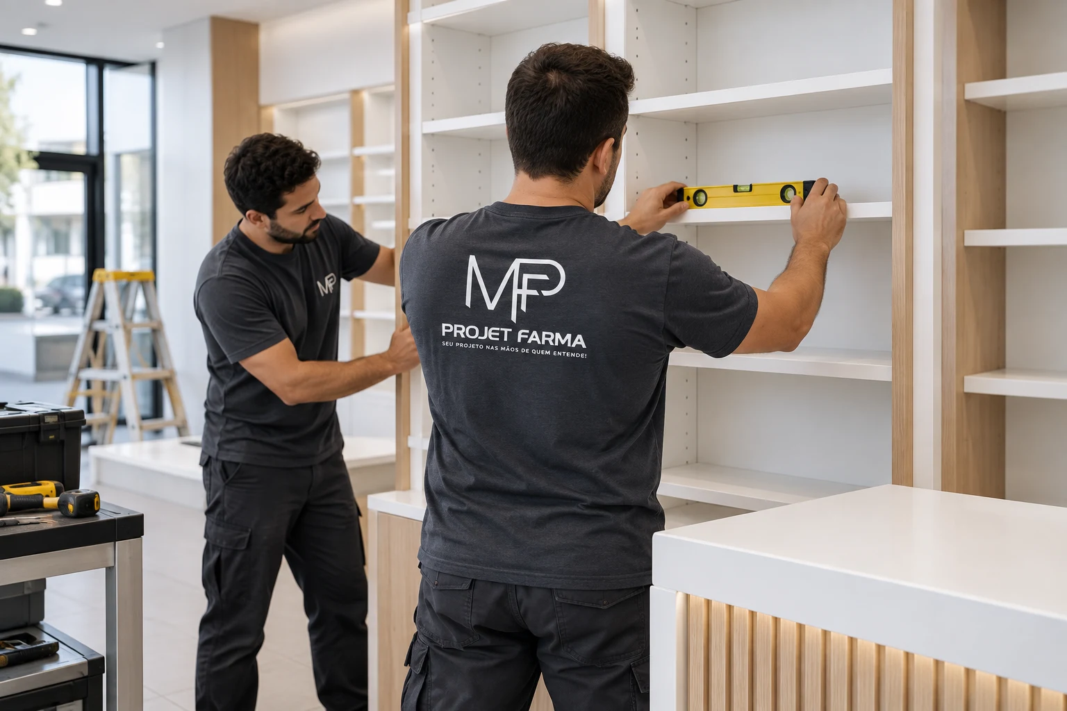 Composição visual de profissionais alinhando e nivelando prateleiras de mobiliário para farmácia